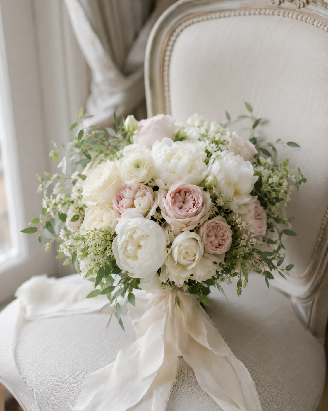 Bouquet romantique avec pivoines blanches, roses ivoire et détails poudrés — 1