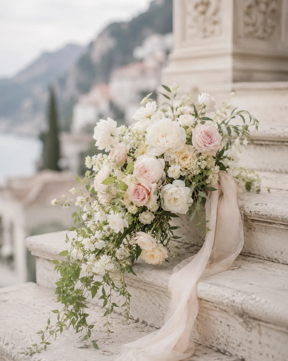 Bouquet romantique avec pivoines blanches, roses ivoire et détails poudrés — 2