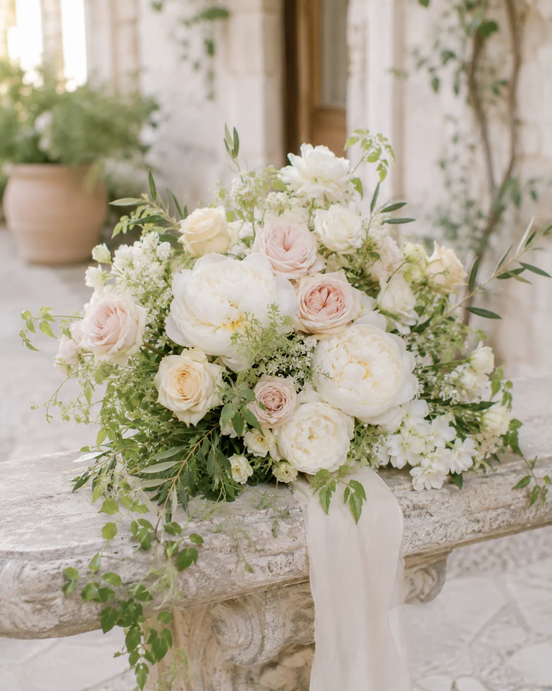 Bouquet romantique avec pivoines blanches, roses ivoire et détails poudrés — 5