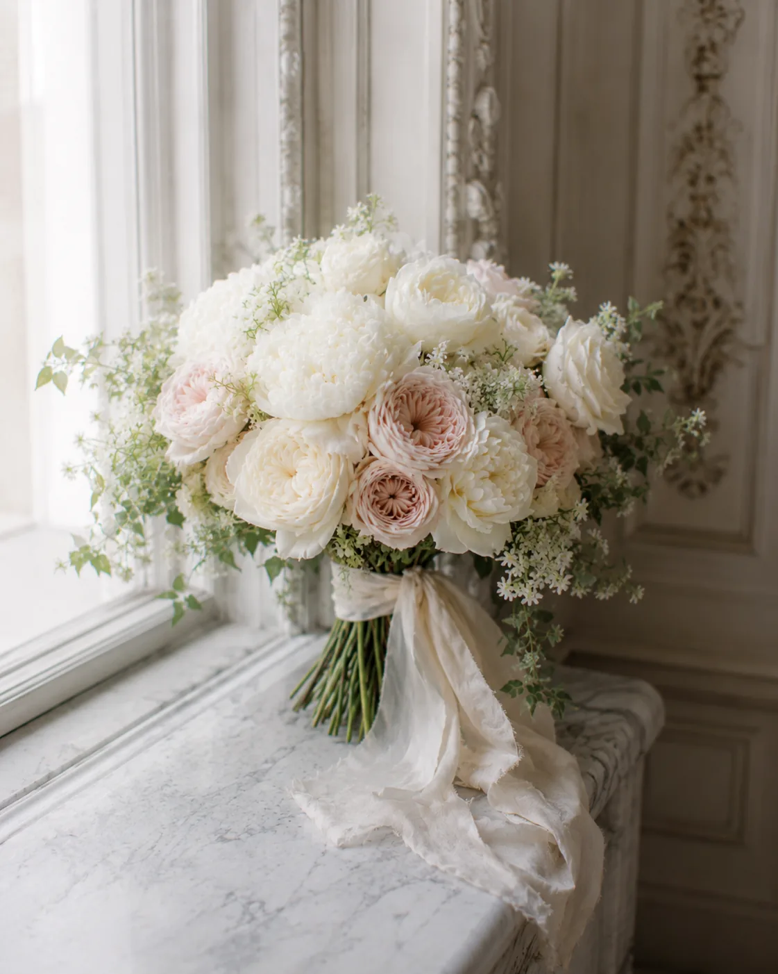 Bouquet romantique avec pivoines blanches, roses ivoire et détails poudrés — 8