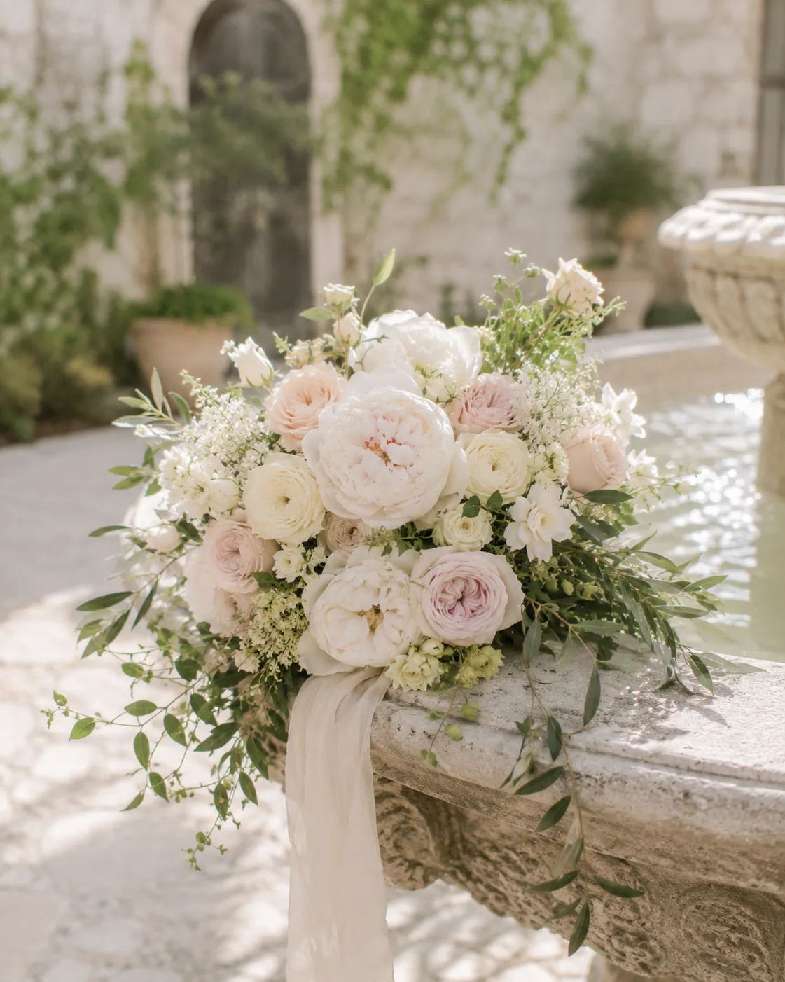 Bouquet romantique avec pivoines blanches, roses ivoire et détails poudrés — 9