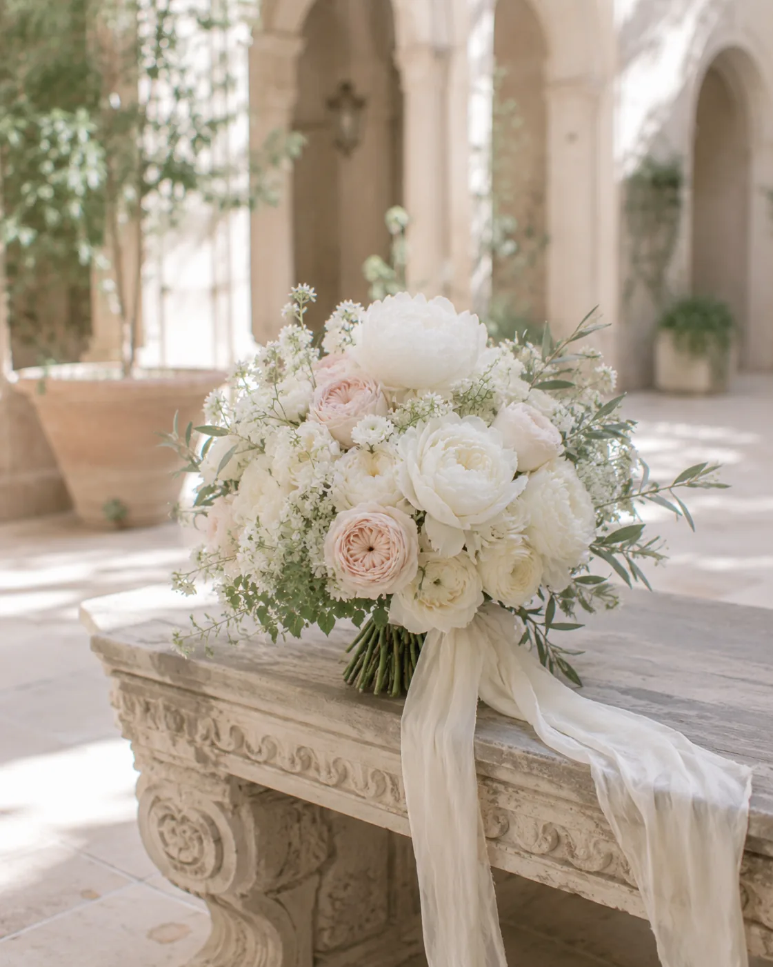 Bouquet romantique avec pivoines blanches, roses ivoire et détails poudrés — 10