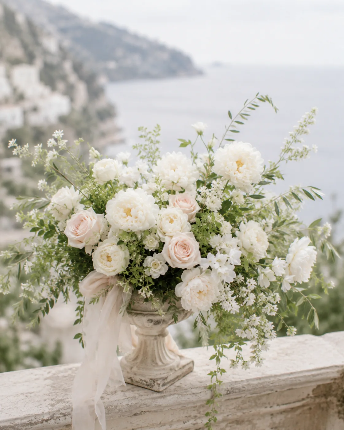 Bouquet romantique avec pivoines blanches, roses ivoire et détails poudrés — 11