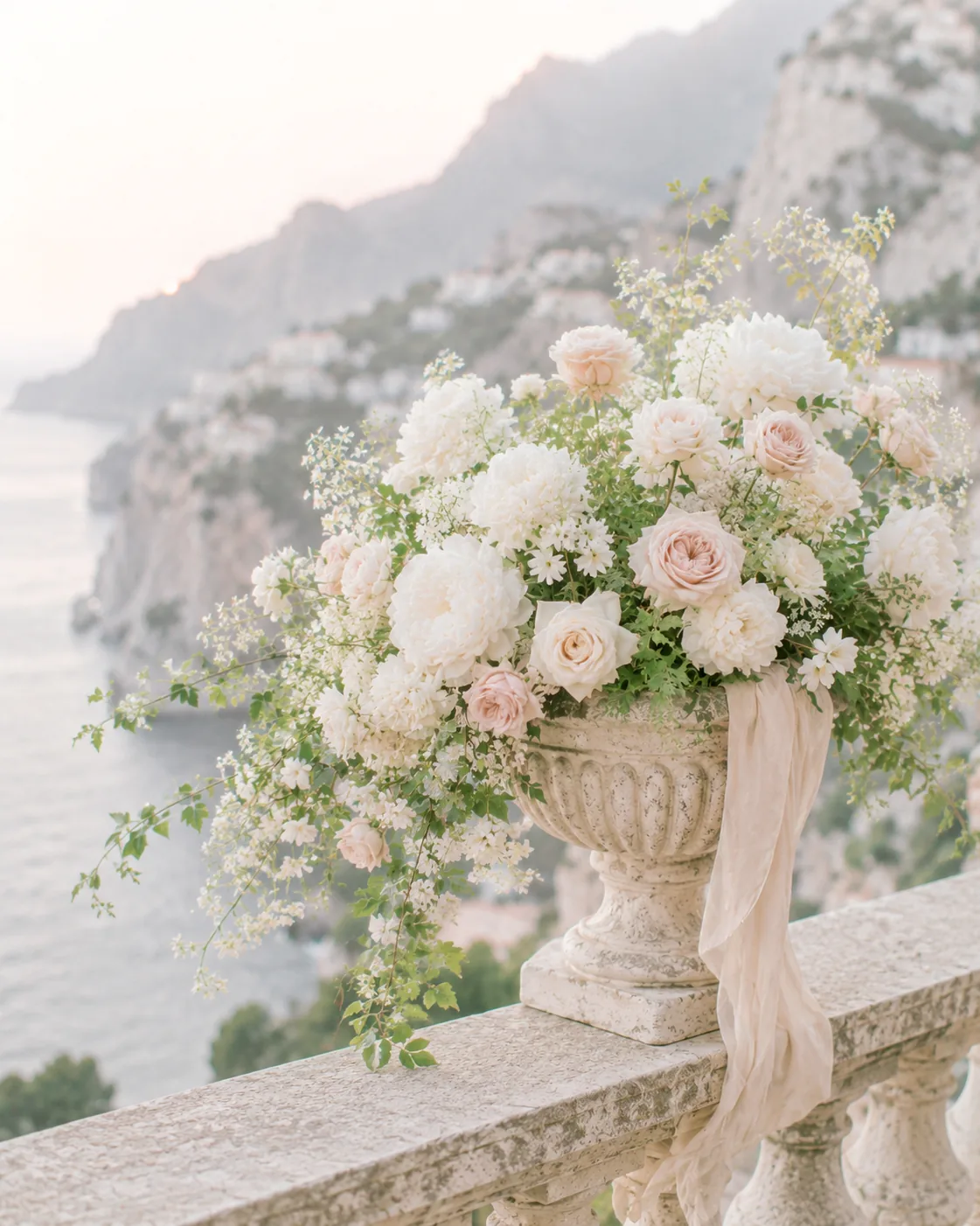 Bouquet romantique avec pivoines blanches, roses ivoire et détails poudrés — 12