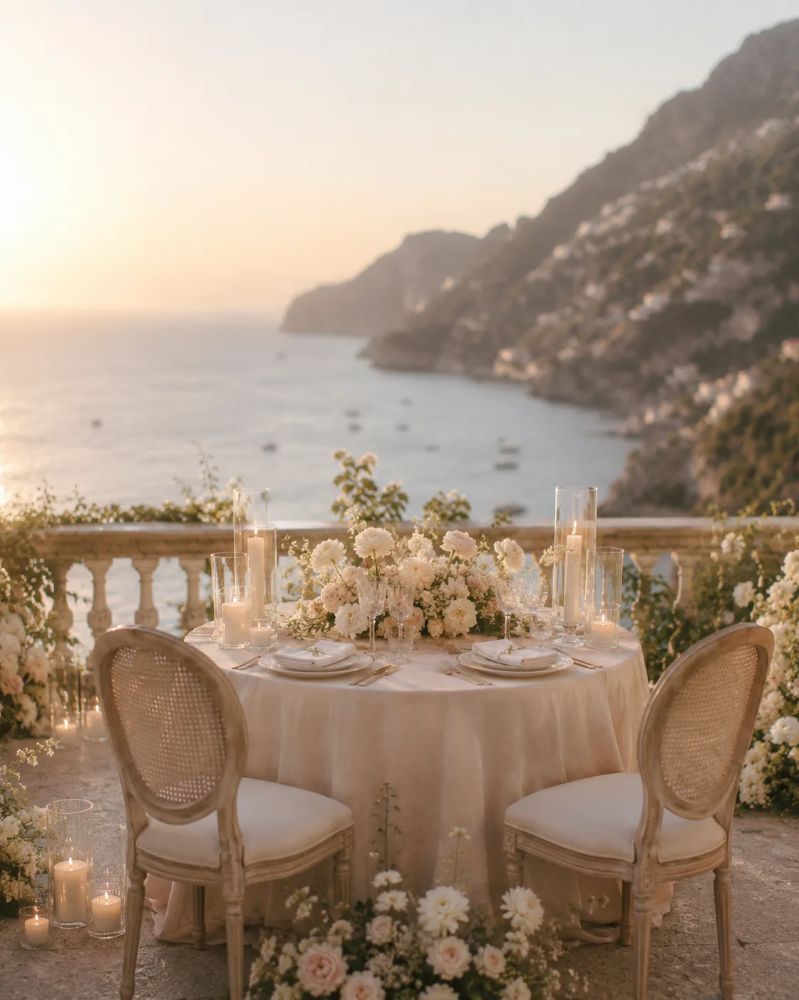 Cena romantica su terrazza affacciata sul mare con fiori e candele — 1