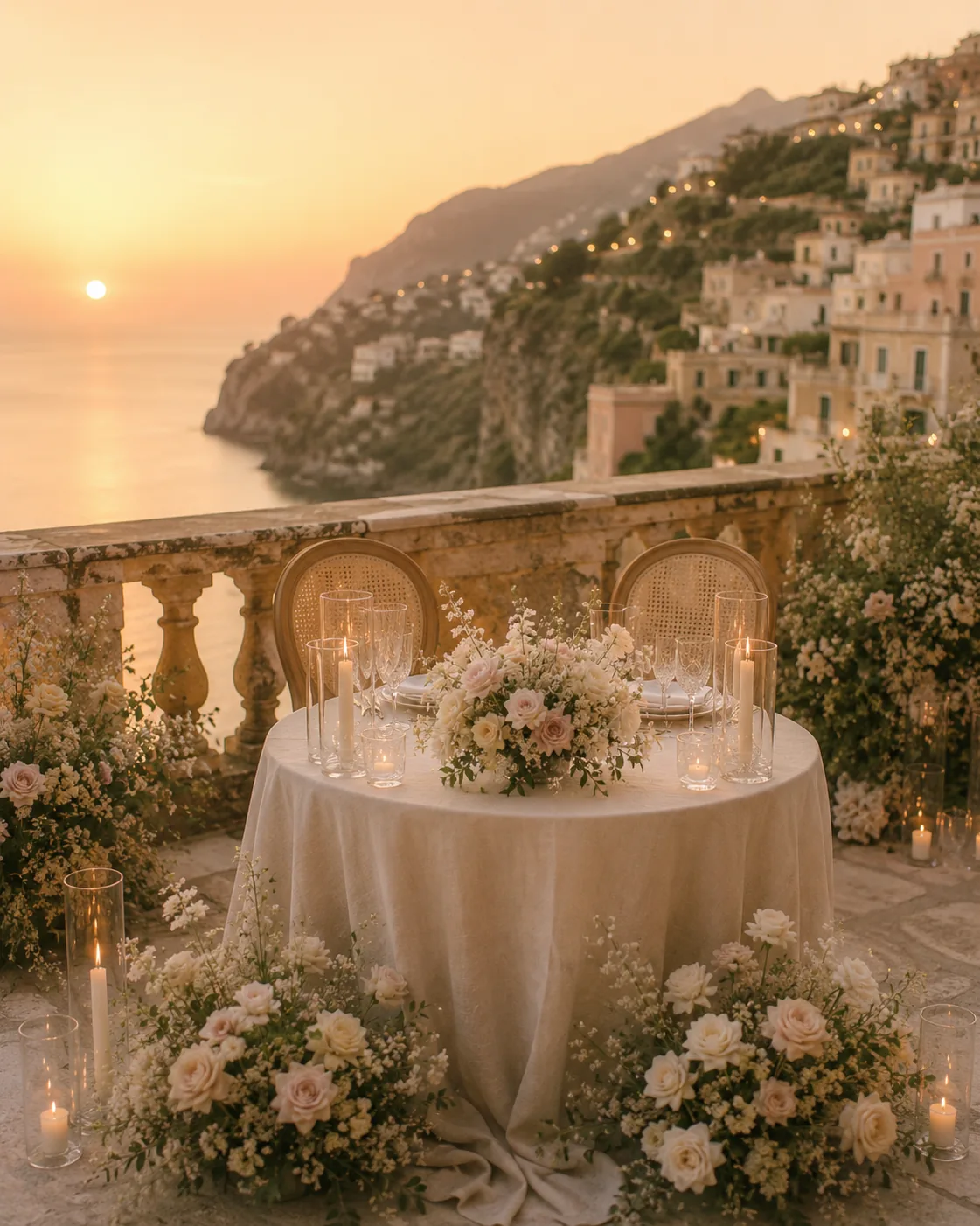 Cena romantica su terrazza affacciata sul mare con fiori e candele — 2