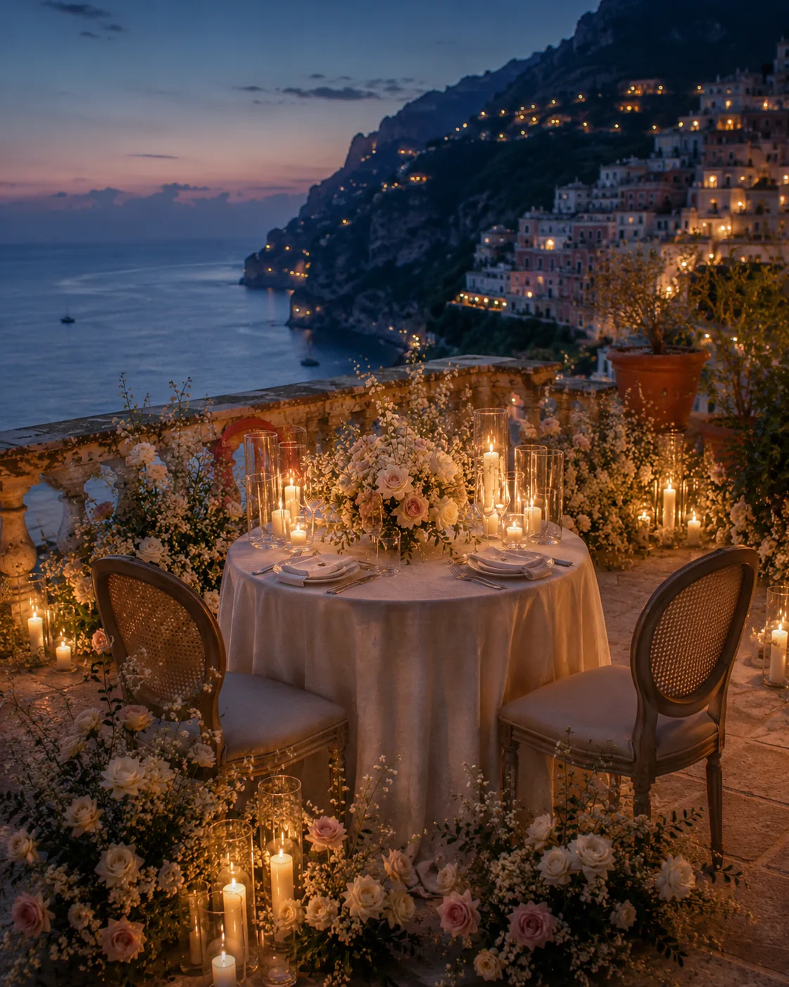 Cena romantica su terrazza affacciata sul mare con fiori e candele — 3