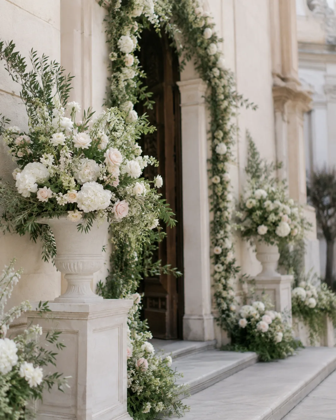 Ingresso storico decorato con ghirlande floreali, urne e rose chiare — 1