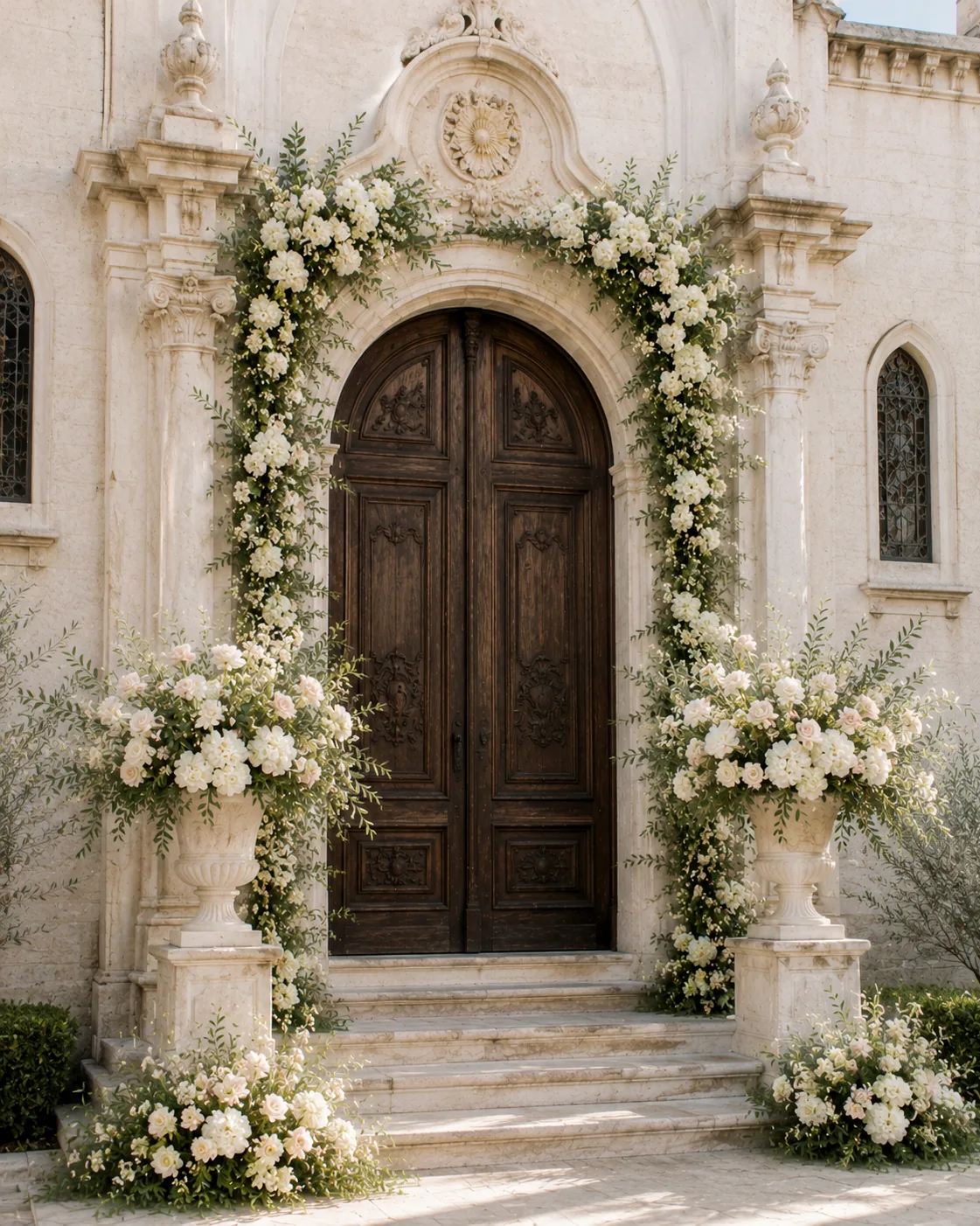 Ingresso storico decorato con ghirlande floreali, urne e rose chiare — 4