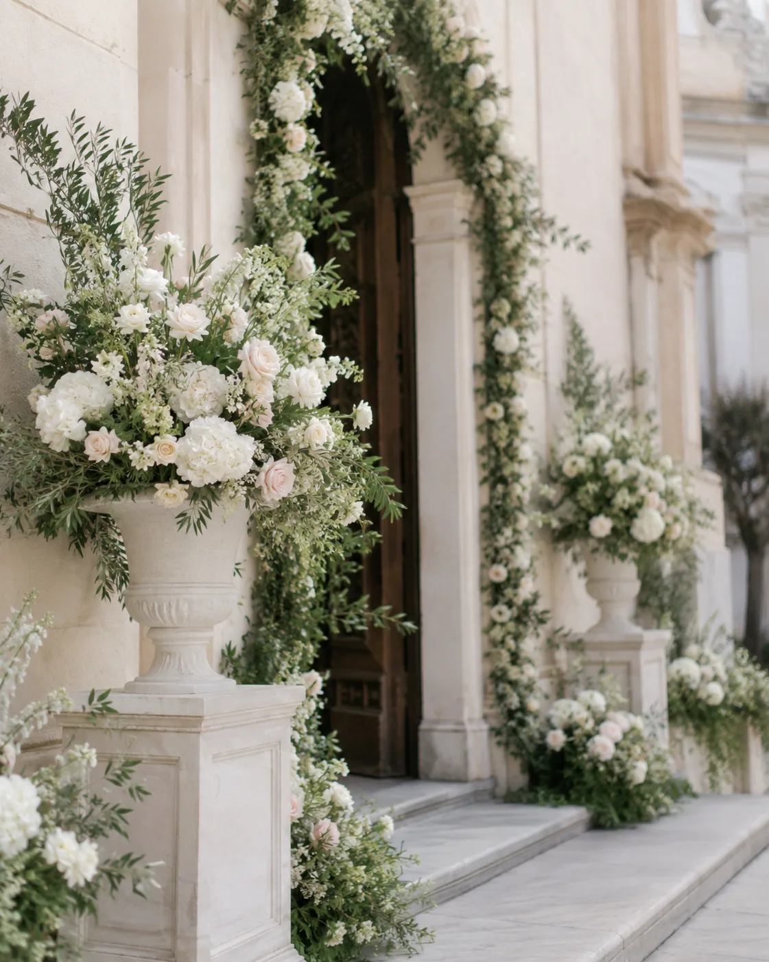 Ingresso storico decorato con ghirlande floreali, urne e rose chiare — 6