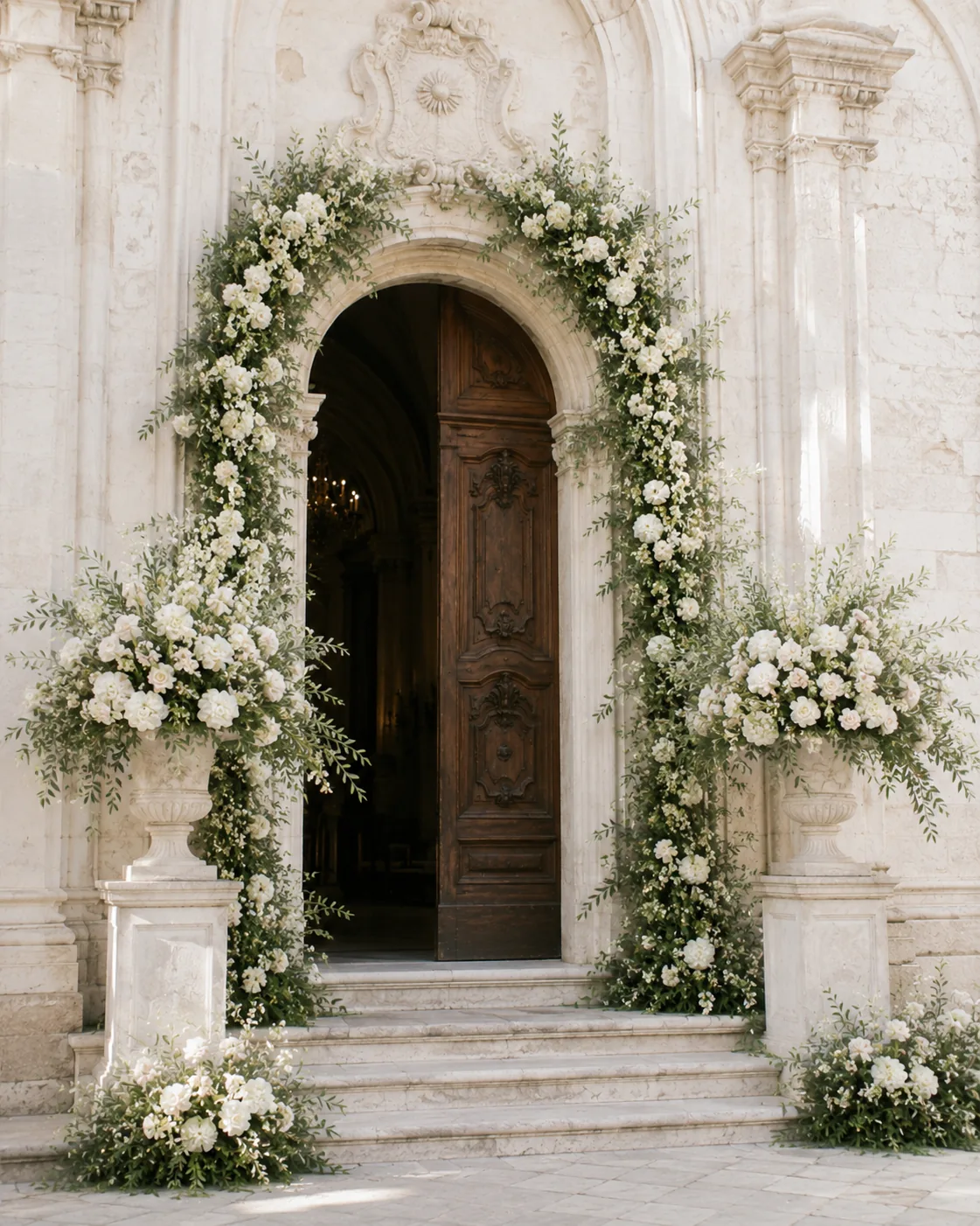 Ingresso storico decorato con ghirlande floreali, urne e rose chiare — 7