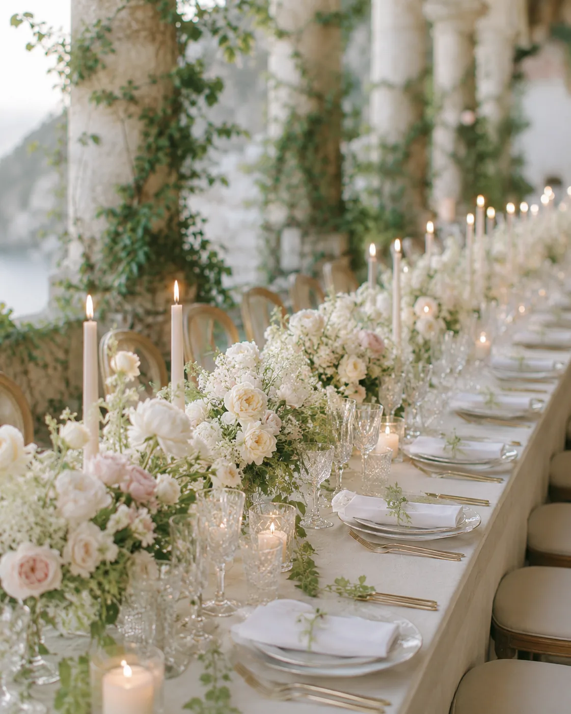 Table élégante pour réception avec fleurs claires, cristaux et bougies — 1