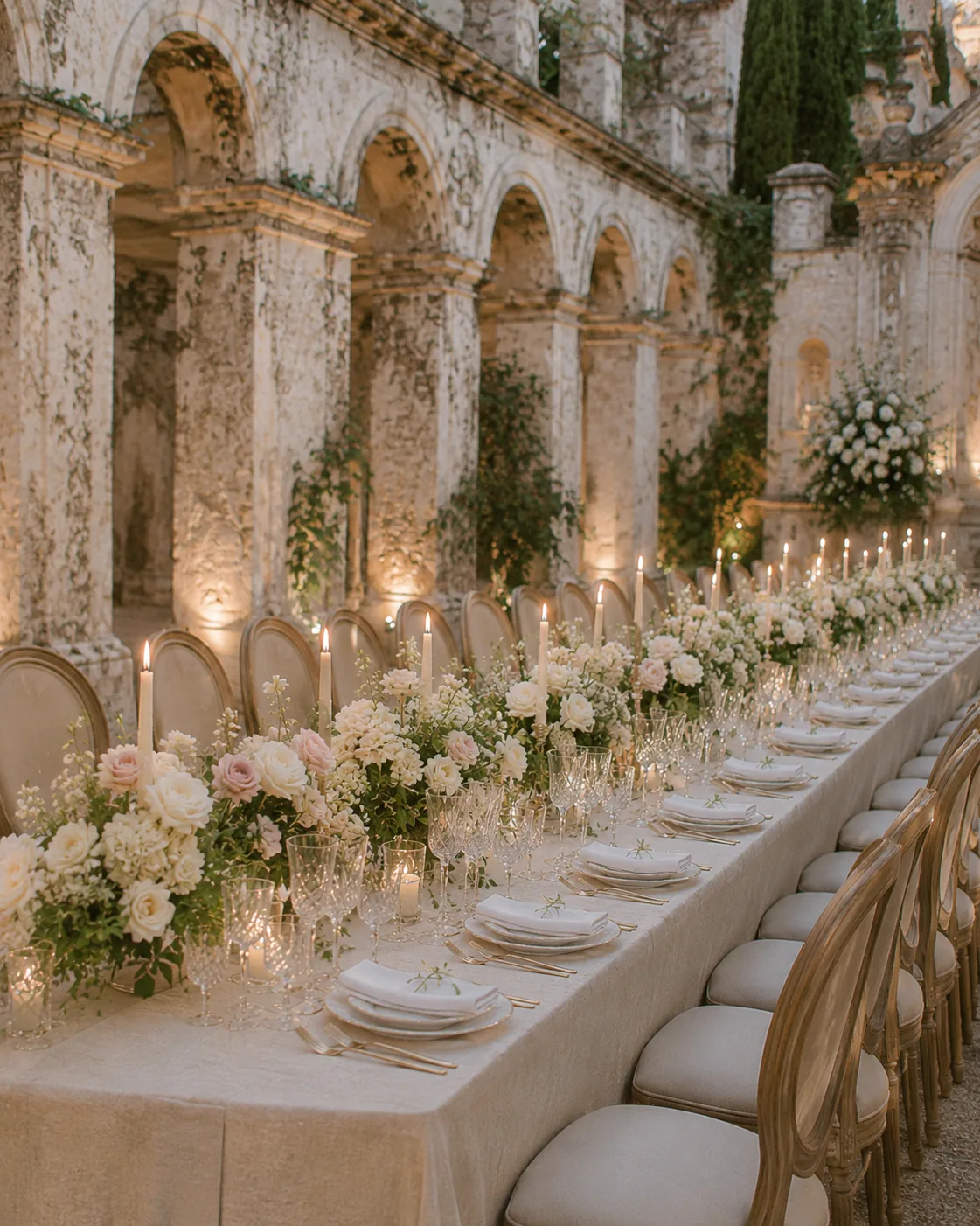 Table élégante pour réception avec fleurs claires, cristaux et bougies — 3