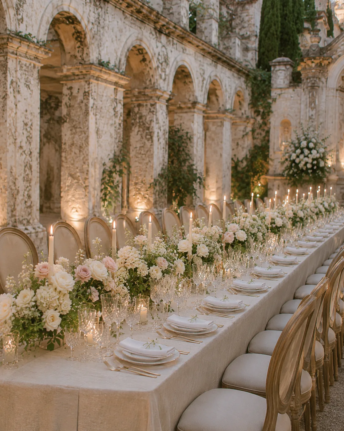 Tavola elegante per ricevimento con fiori chiari, cristalli e candele — 6