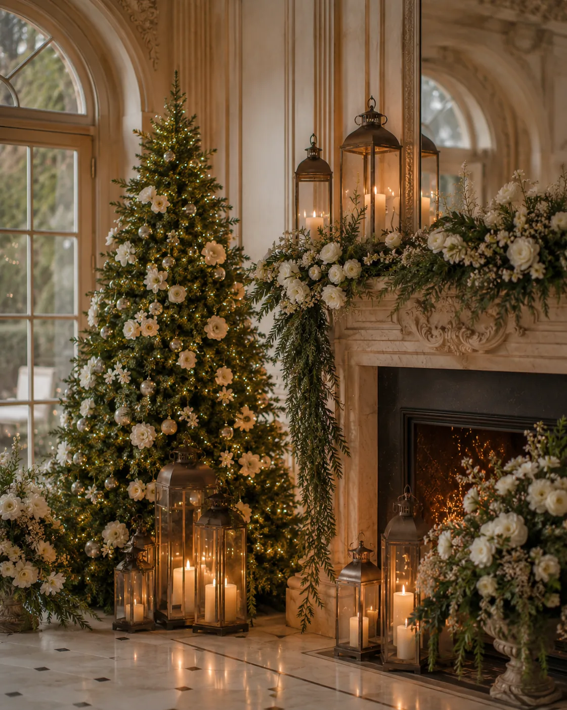 Decorazione natalizia elegante con albero, fiori bianchi, verde e lanterne — 3