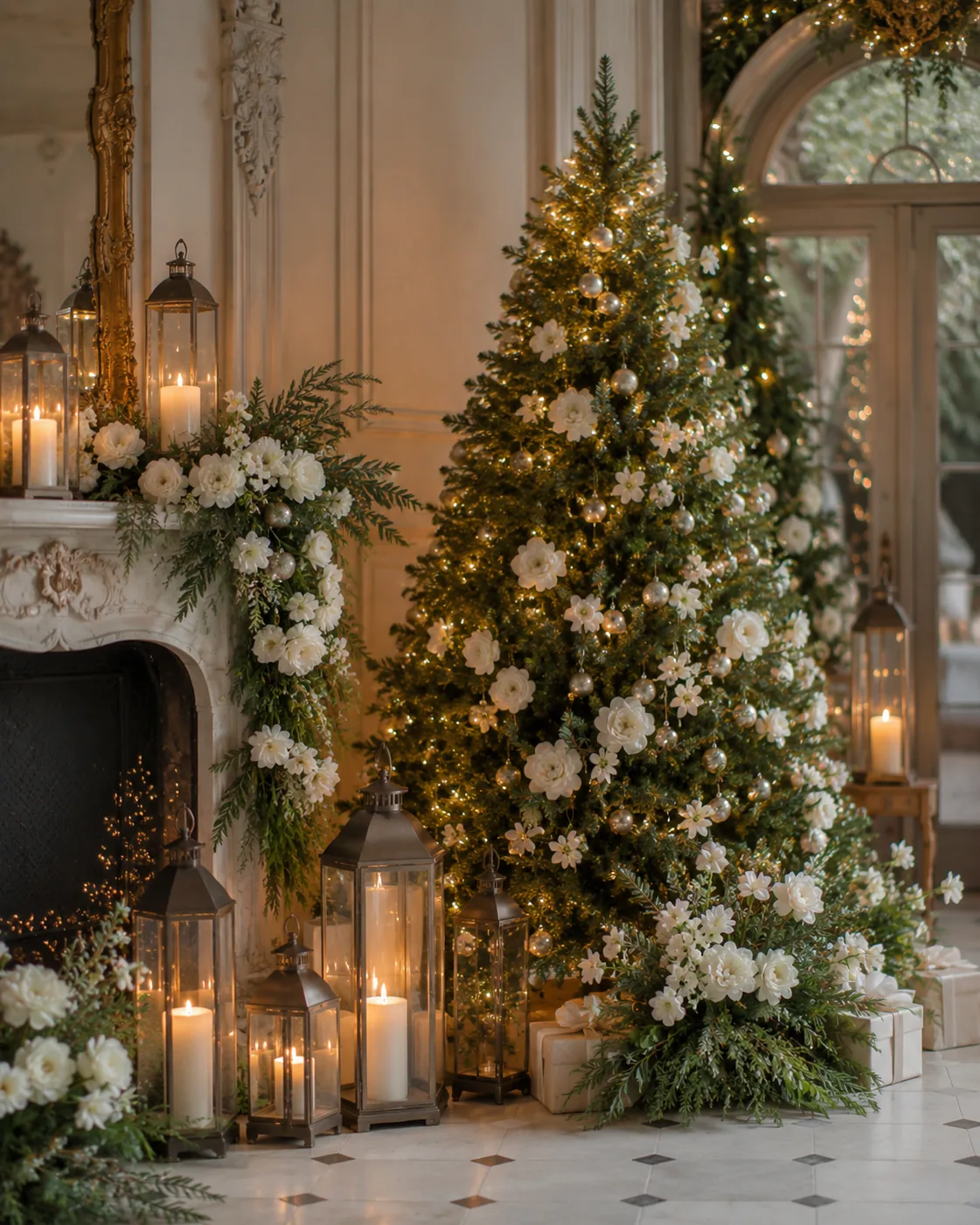 Decorazione natalizia elegante con albero, fiori bianchi, verde e lanterne — 6