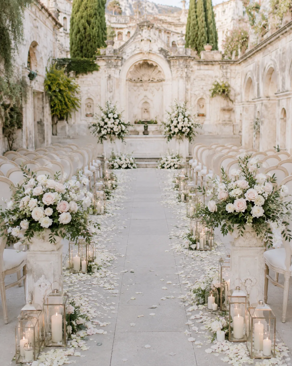Décoration florale de mariage dans une cour historique avec bougies et arche fleurie — 2