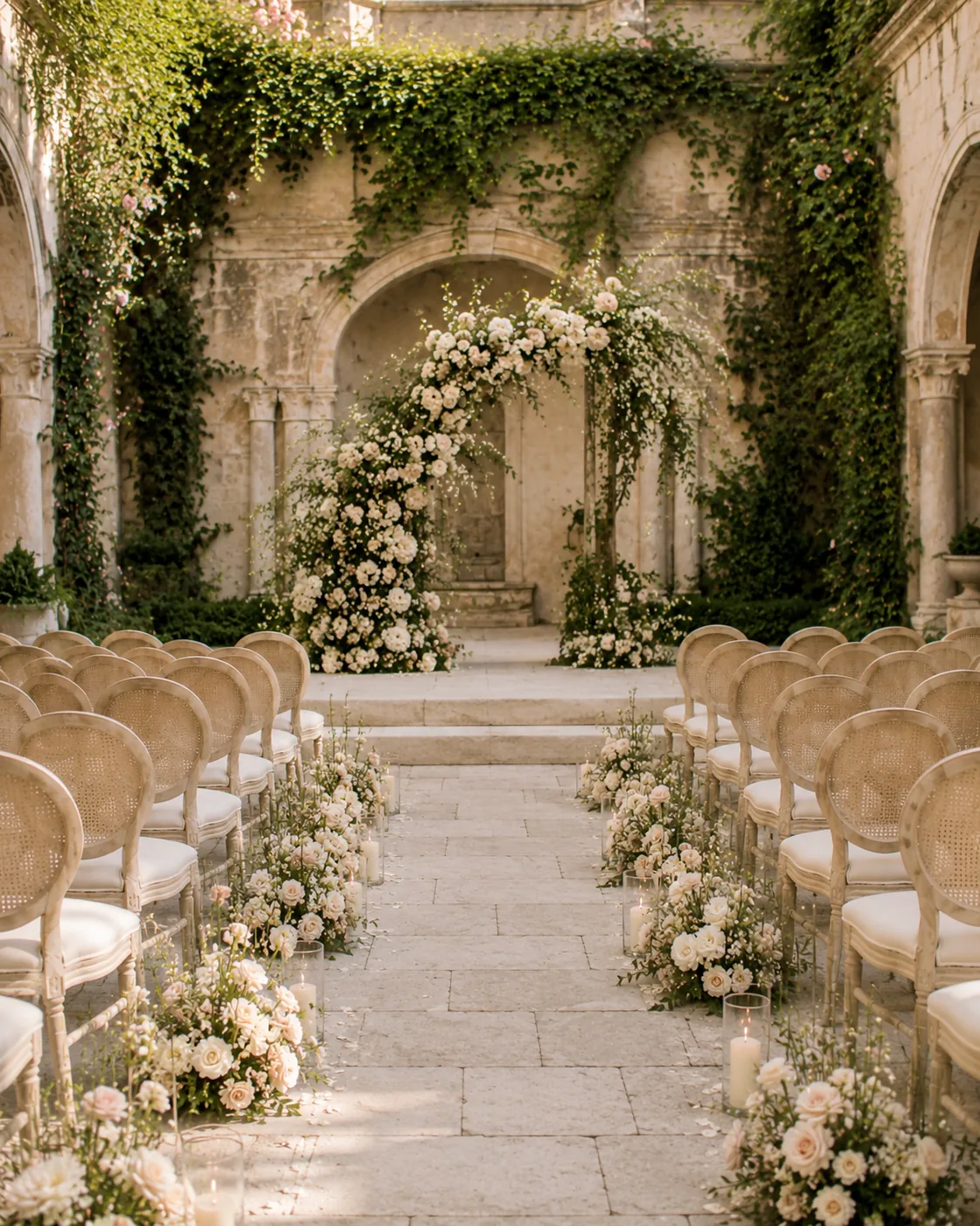 Allestimento floreale per matrimonio in cortile storico con candele e arco fiorito — 5