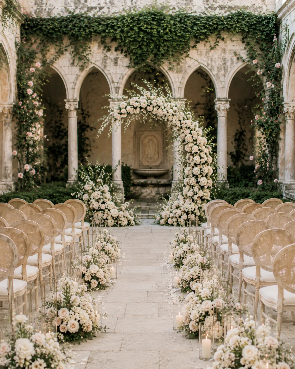 Allestimento floreale per matrimonio in cortile storico con candele e arco fiorito — 7